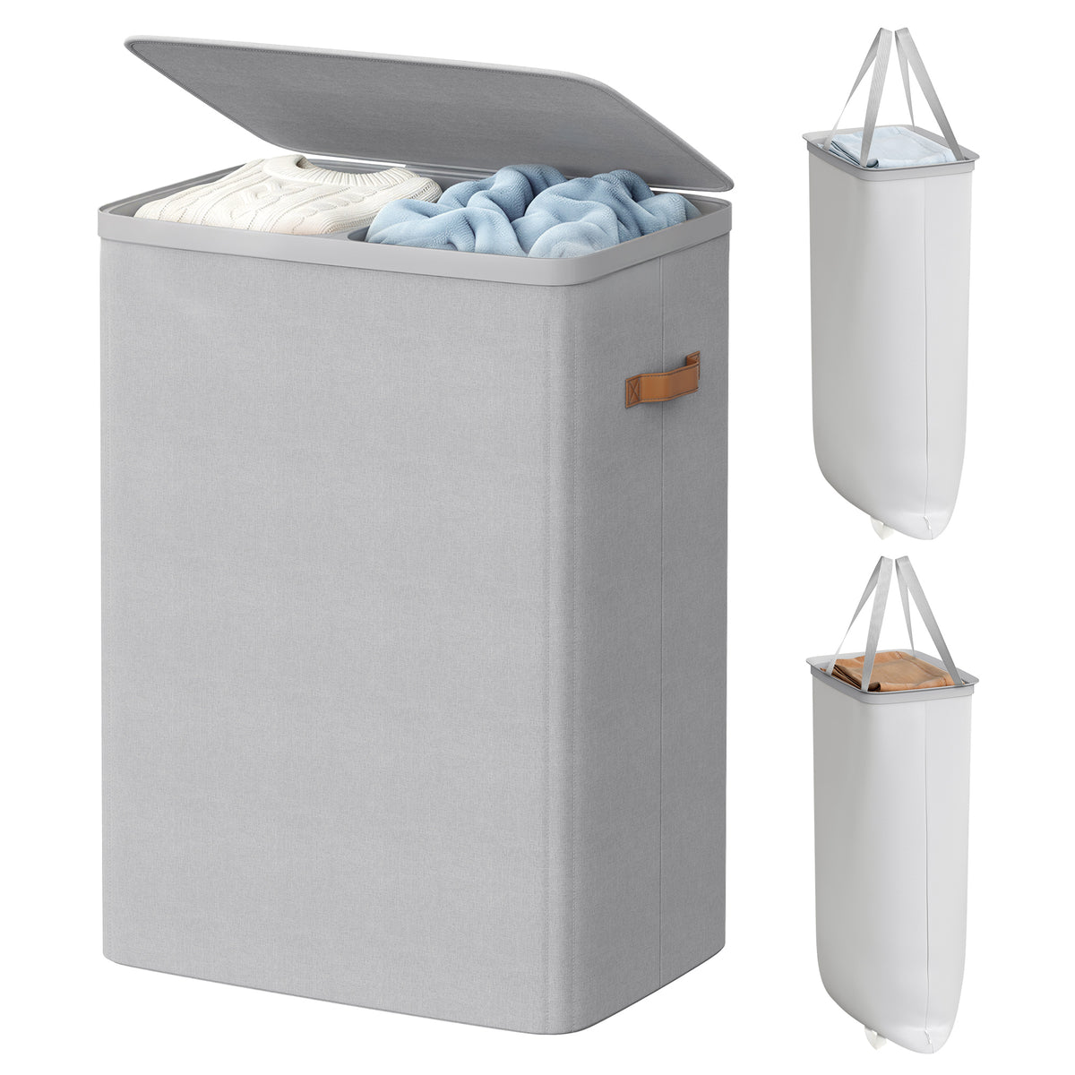 LEDREM Laundry Basket, 44.9 Gal. Laundry Hamper, 2 Sections, Easy Assembly, with Lid and Handles, Removable Inner Bags, 22 x 15.7 x 29.5 Inches, Gray