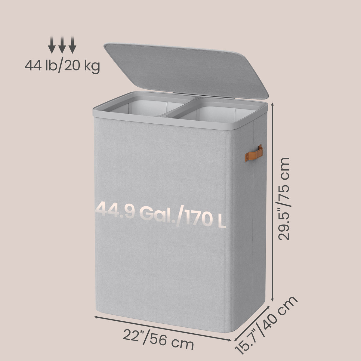 LEDREM Laundry Basket, 44.9 Gal. Laundry Hamper, 2 Sections, Easy Assembly, with Lid and Handles, Removable Inner Bags, 22 x 15.7 x 29.5 Inches, Gray