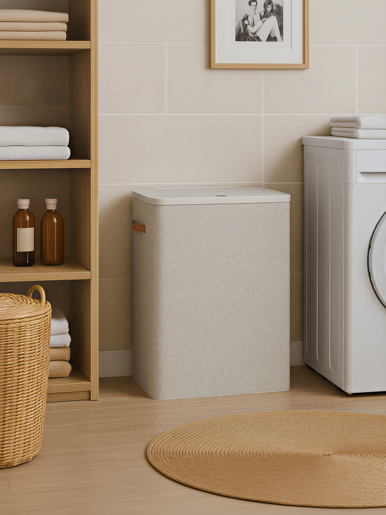 Laundry Hamper, 50.2 Gal 3-Compartment Basket with Lid & Removable Liners, for Whole Family Laundry Sorting, Cappuccino Beige