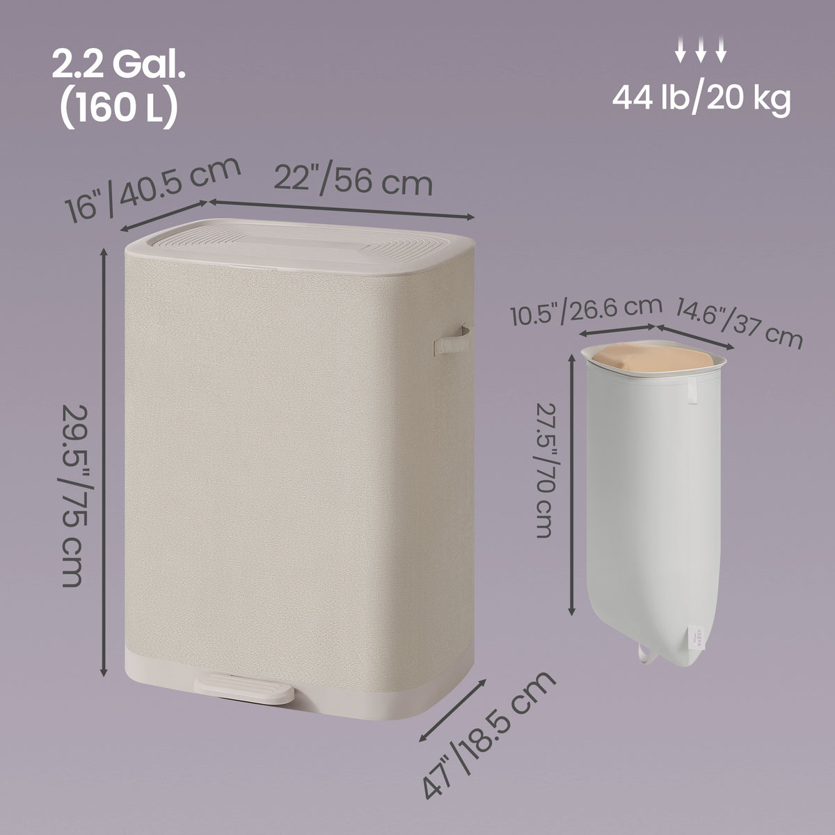 Laundry Hamper, 2-Section Clothes Sorter with Pedal and Lid, Removable Liners, 22 x 15.9 x 29.5 Inches, Beige