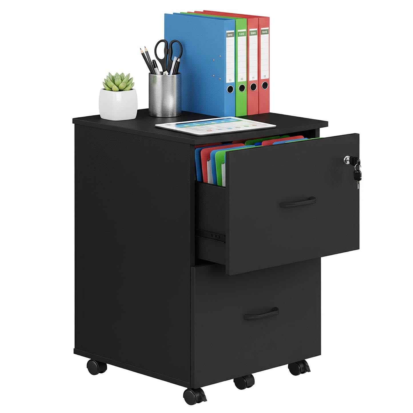 LEDREM 2-Drawer Locking File Cabinet for Home Office, Rolling Printer Stand with Swivel Wheels, Fits A4 & Letter Hanging Files, Black