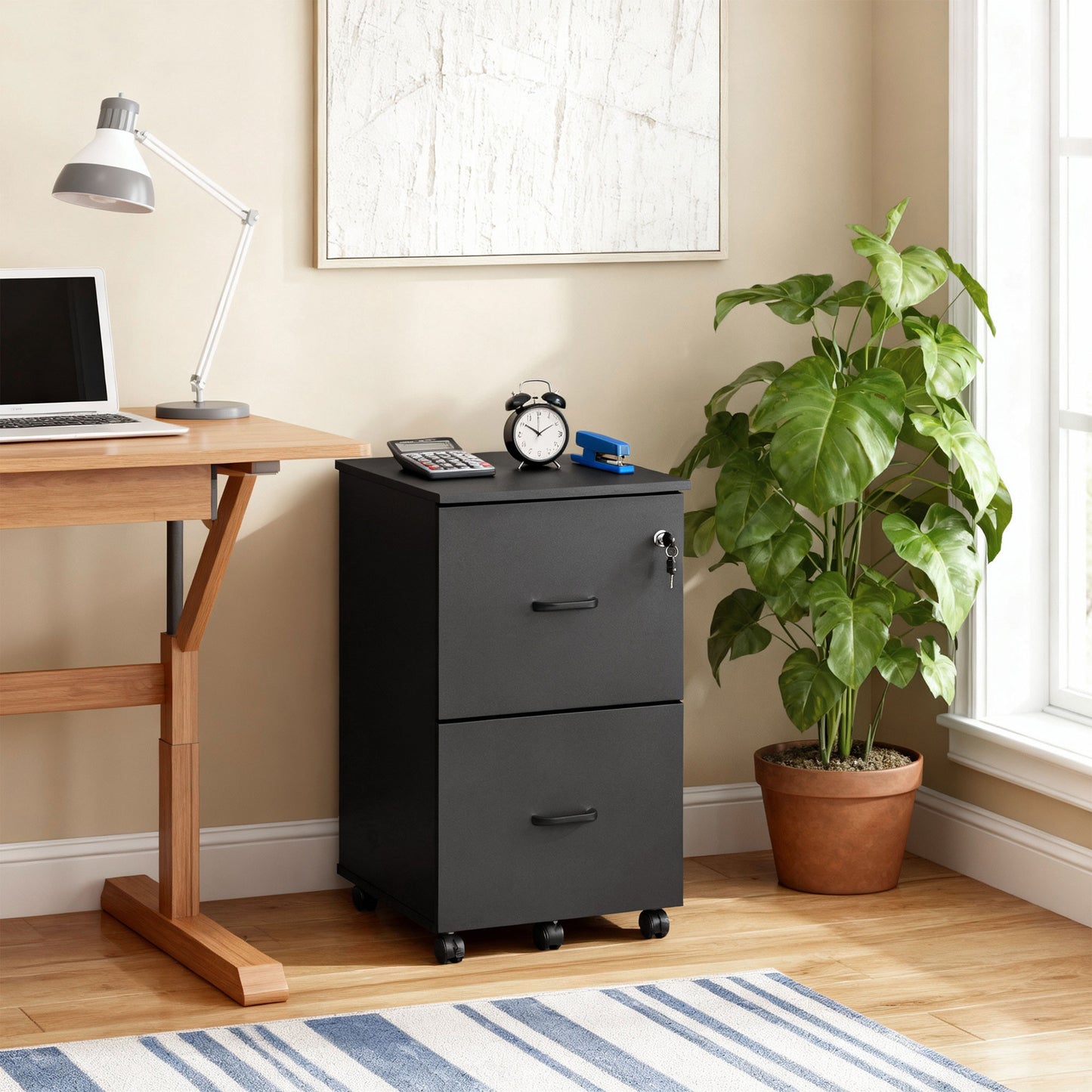 LEDREM 2-Drawer Locking File Cabinet for Home Office, Rolling Printer Stand with Swivel Wheels, Fits A4 & Letter Hanging Files, Black