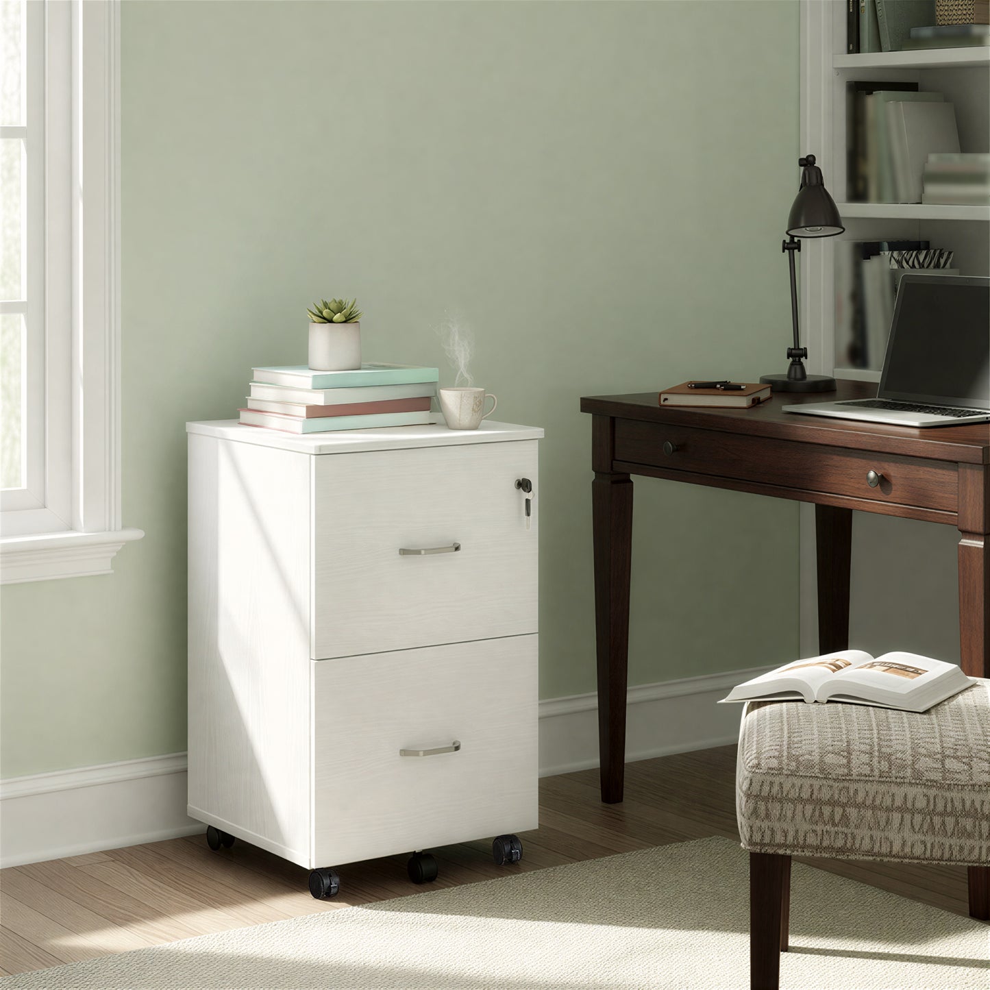 LEDREM 2-Drawer Locking File Cabinet for Home Office, Rolling Printer Stand with Swivel Wheels, Fits A4 & Letter Hanging Files, White