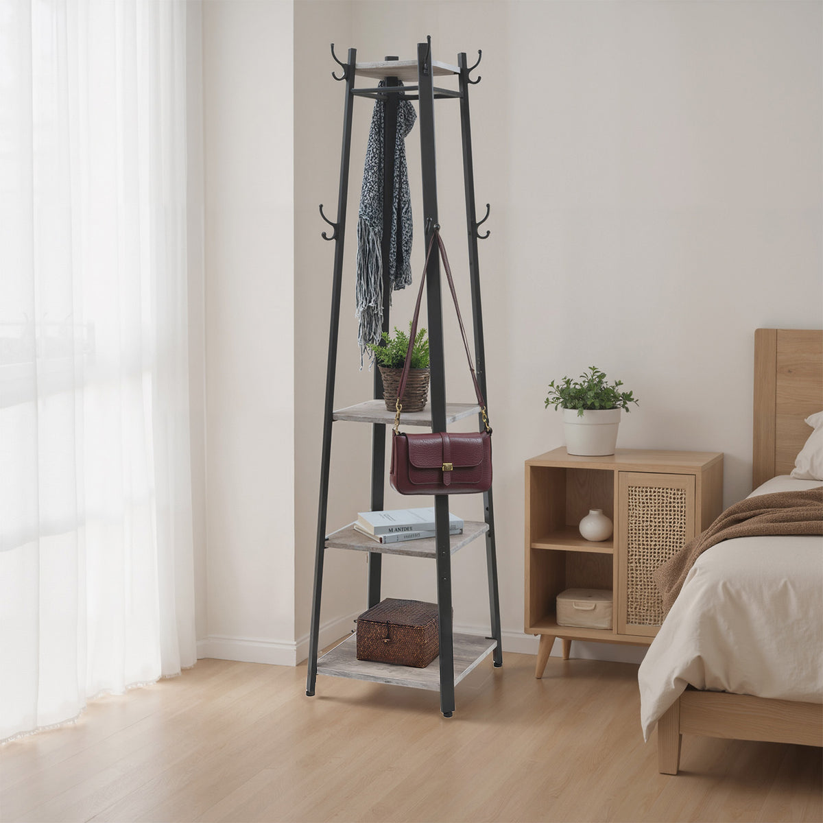 Coat Rack, Coat Stand with 4 Shelves, Hall Tree Free Standing with Hooks, Steel Frame, for Entryway, Living Room, Light Ivory and Black