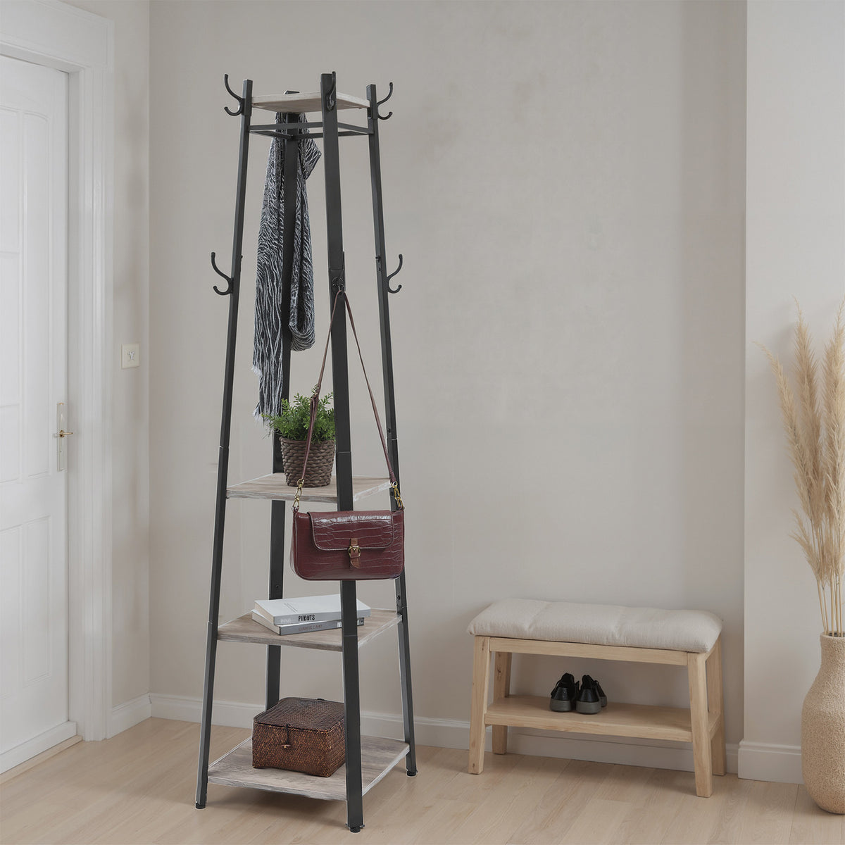 Coat Rack, Coat Stand with 4 Shelves, Hall Tree Free Standing with Hooks, Steel Frame, for Entryway, Living Room, Light Ivory and Black