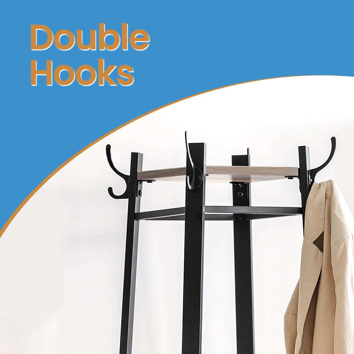 Coat Rack, Coat Stand with 4 Shelves, Hall Tree Free Standing with Hooks, Steel Frame, for Entryway, Living Room, Light Ivory and Black