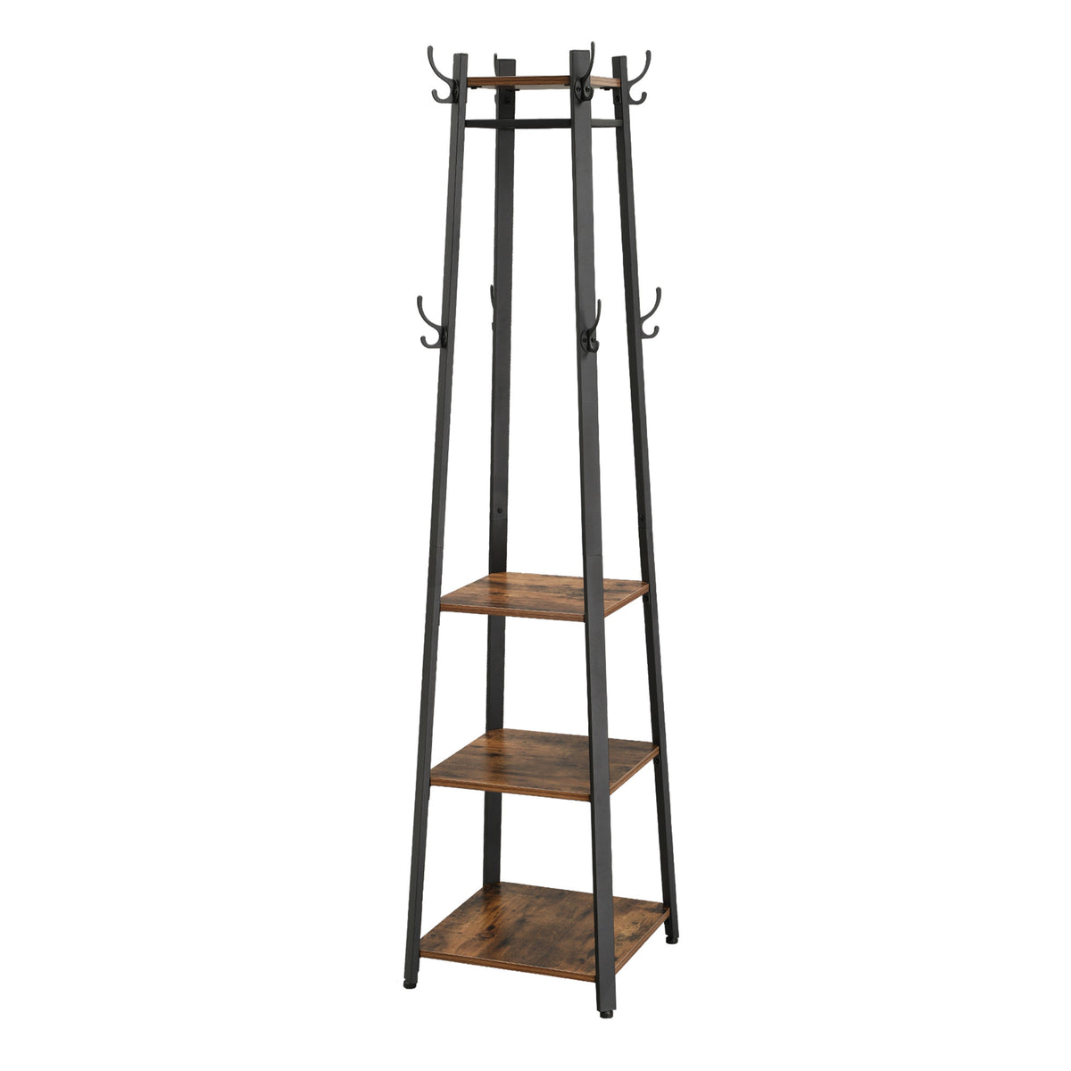 Coat Rack, Coat Stand with 4 Shelves, Hall Tree Free Standing with Hooks, Steel Frame, for Entryway, Living Room, Rustic Brown and Matte Black