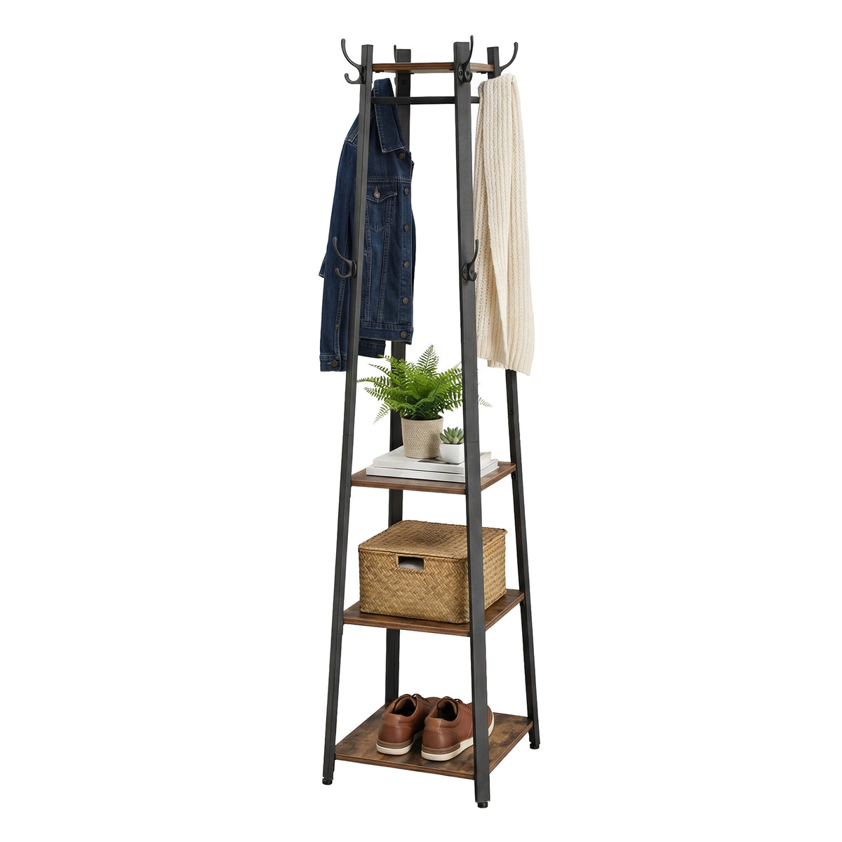 Coat Rack, Coat Stand with 4 Shelves, Hall Tree Free Standing with Hooks, Steel Frame, for Entryway, Living Room, Rustic Brown and Matte Black