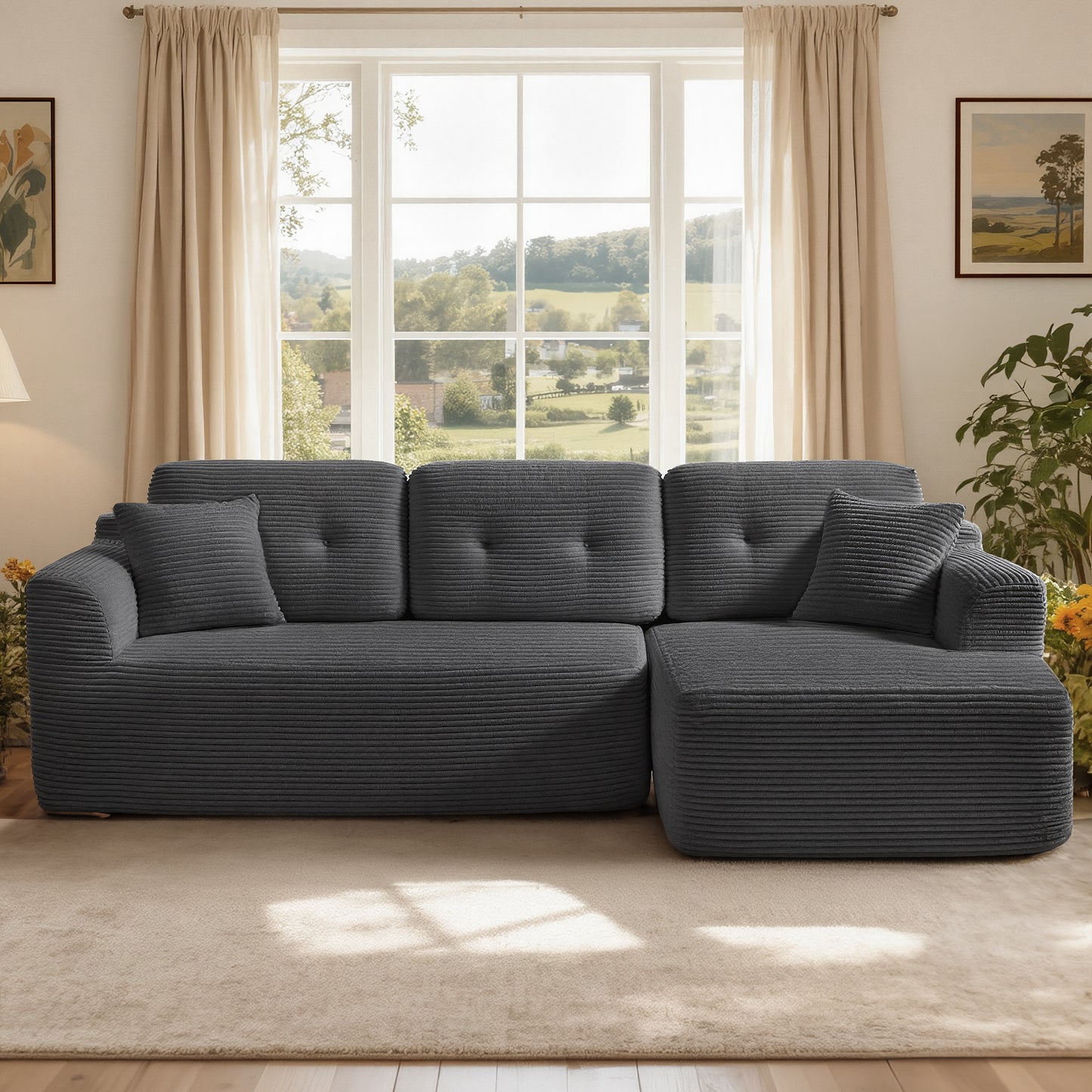 108.3 Inches Boneless Couch with Chaise, Modular Sectional Sofa, Slate Gray