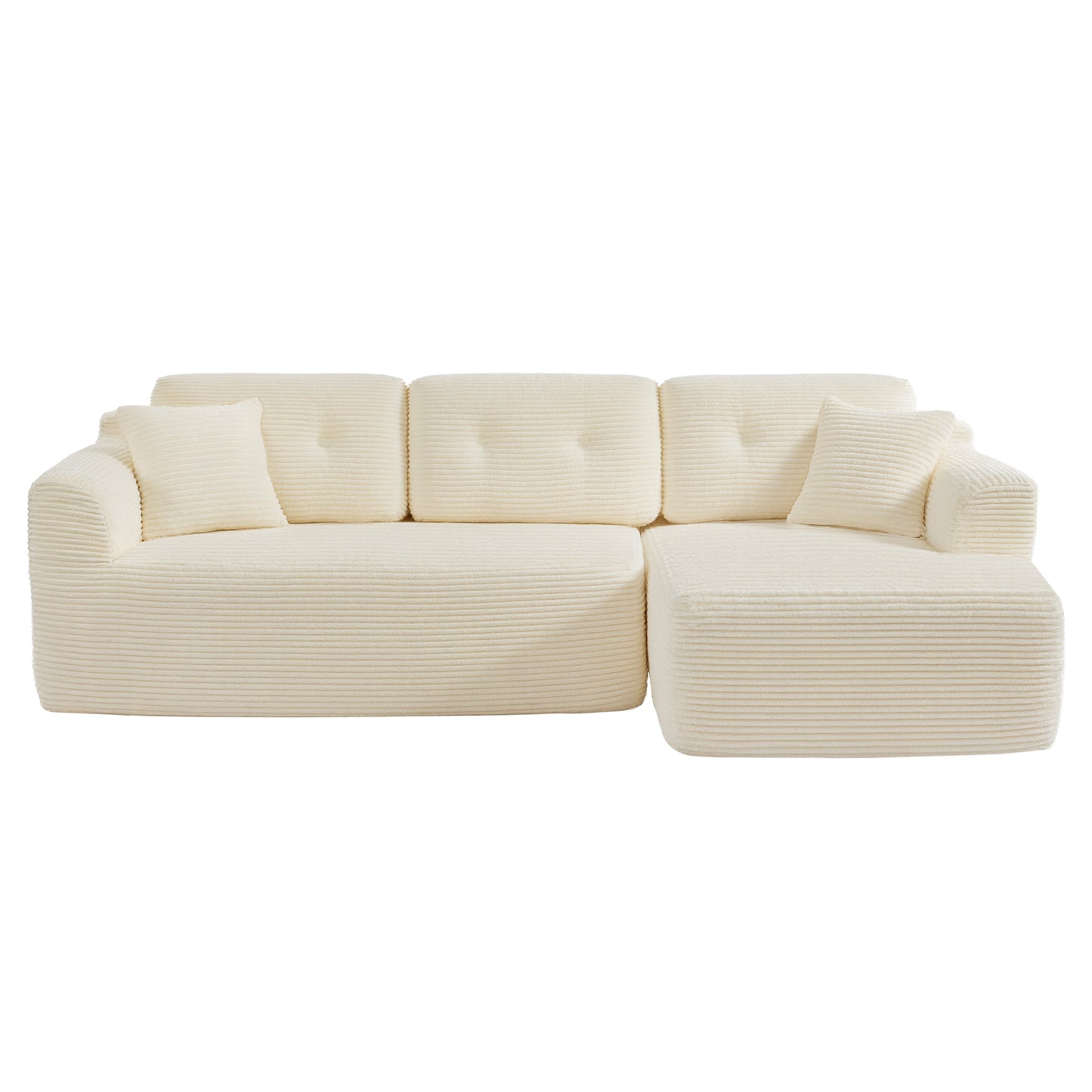 Boneless Modular Sofa with Deep-Seat Chaise, Plush Corduroy Upholstery, No-Assembly Design, Multi-Layout Use, L-Shape Sectional Couch for Living Room, Cream White