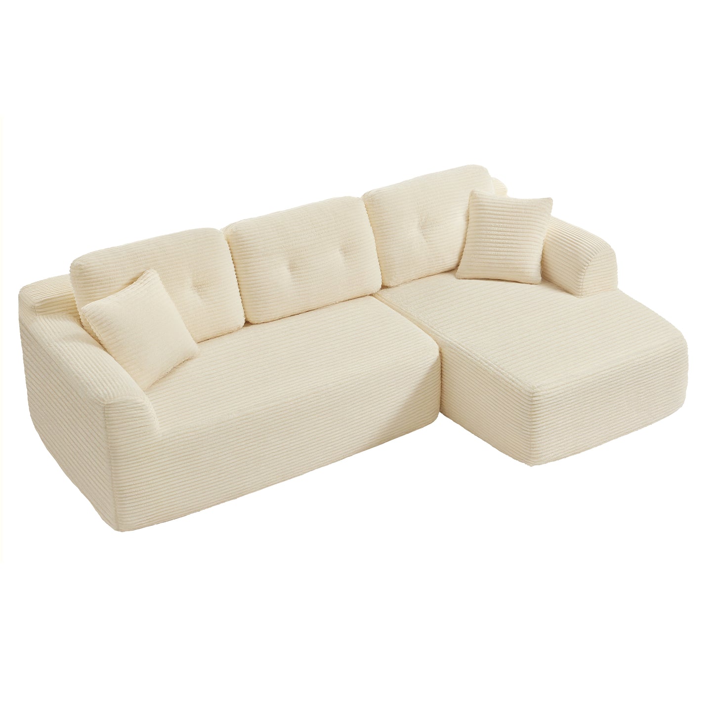 Boneless Modular Sofa with Deep-Seat Chaise, Plush Corduroy Upholstery, No-Assembly Design, Multi-Layout Use, L-Shape Sectional Couch for Living Room, Cream White