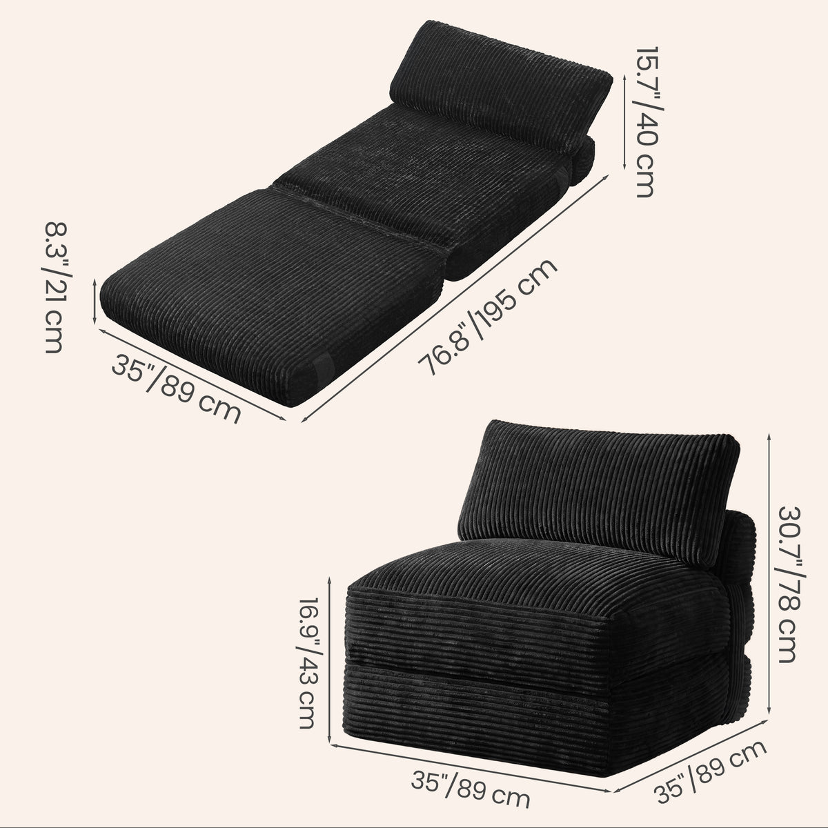 LEDREM Convertible Chair Bed, Corduroy Folding Futon Chair with Removable Cover, 35 x 35 x 30.7 inches, Black