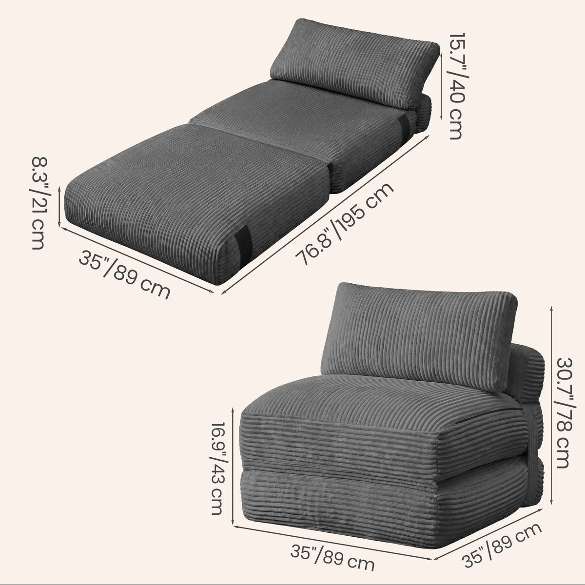 LEDREM Convertible Chair Bed, Corduroy Folding Futon Chair with Removable Cover, 35 x 35 x 30.7 inches, Lead Grey