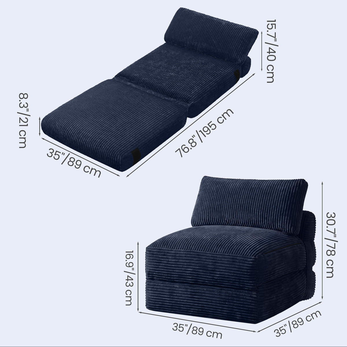LEDREM Convertible Chair Bed, Corduroy Folding Futon Chair with Removable Cover, 35 x 35 x 30.7 inches, Dark Grey Blue