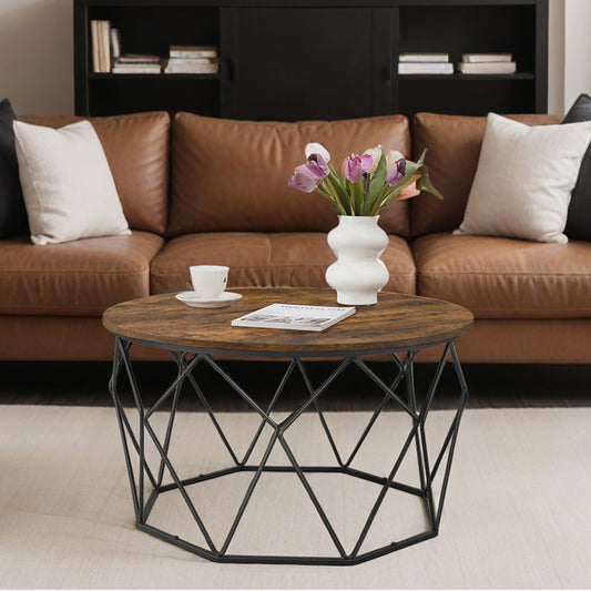 Industrial Round Coffee Table with Storage, 31.5" Diameter Cage Design Cocktail Table, Living Room Center Table, Rustic Brown and Black