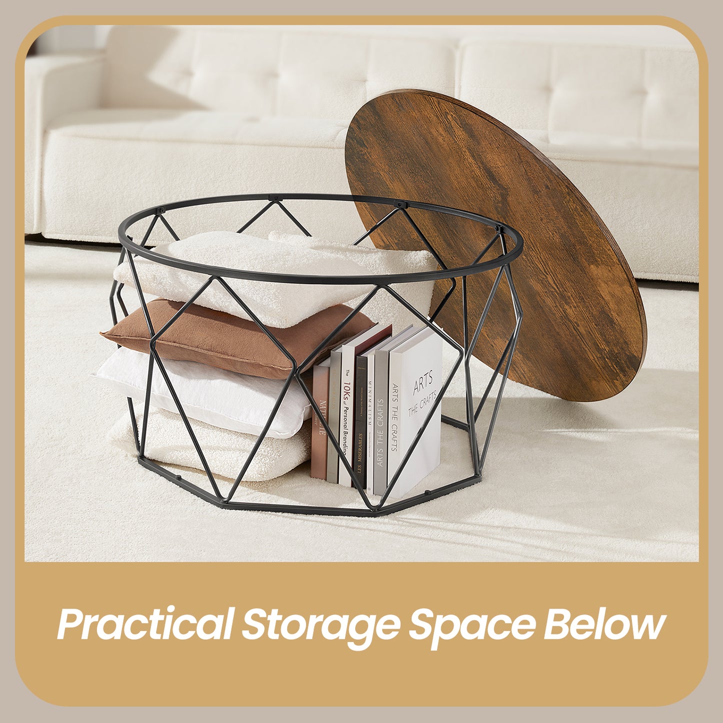 Industrial Round Coffee Table with Storage, 31.5" Diameter Cage Design Cocktail Table, Living Room Center Table, Rustic Brown and Black