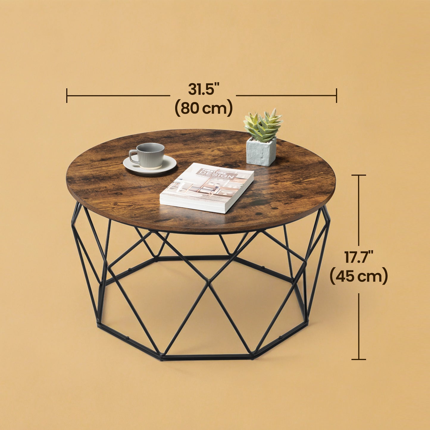 Industrial Round Coffee Table with Storage, 31.5" Diameter Cage Design Cocktail Table, Living Room Center Table, Rustic Brown and Black