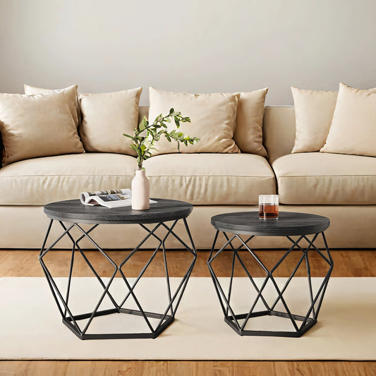 Set of 2 Round Coffee Tables, Nesting Side Table Set with Steel Frame, 66 lb Capacity Each, Charcoal Gray & Ink Black