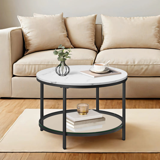 2-Tier Round Coffee Table - Faux Marble Top & Glass Shelf, Modern Living Room Table, 25.6", Marble White and Ink Black