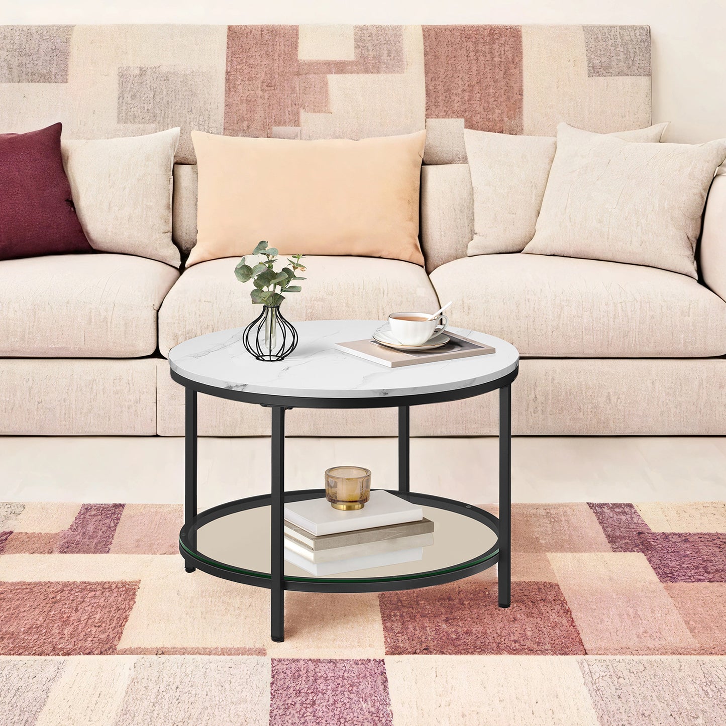 2-Tier Round Coffee Table - Faux Marble Top & Glass Shelf, Modern Living Room Table, 25.6", Marble White and Ink Black