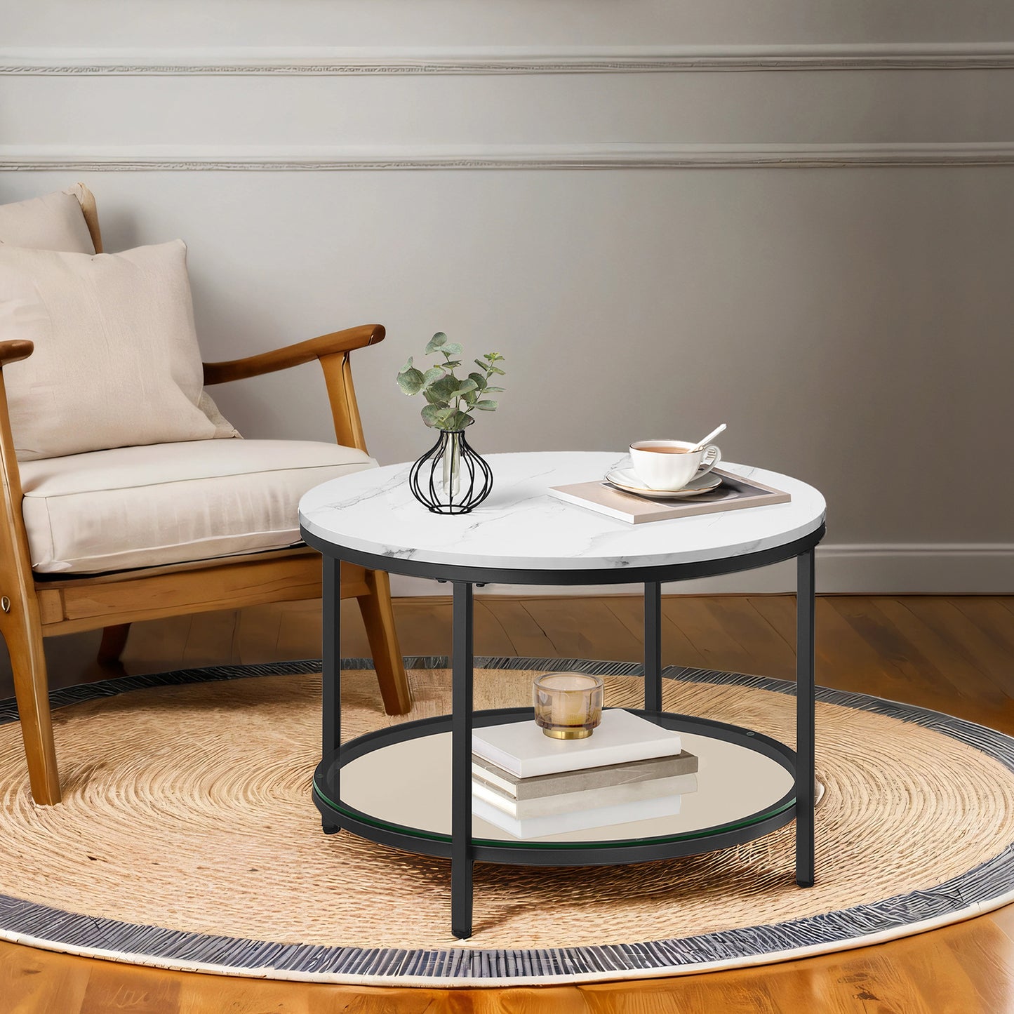 2-Tier Round Coffee Table - Faux Marble Top & Glass Shelf, Modern Living Room Table, 25.6", Marble White and Ink Black