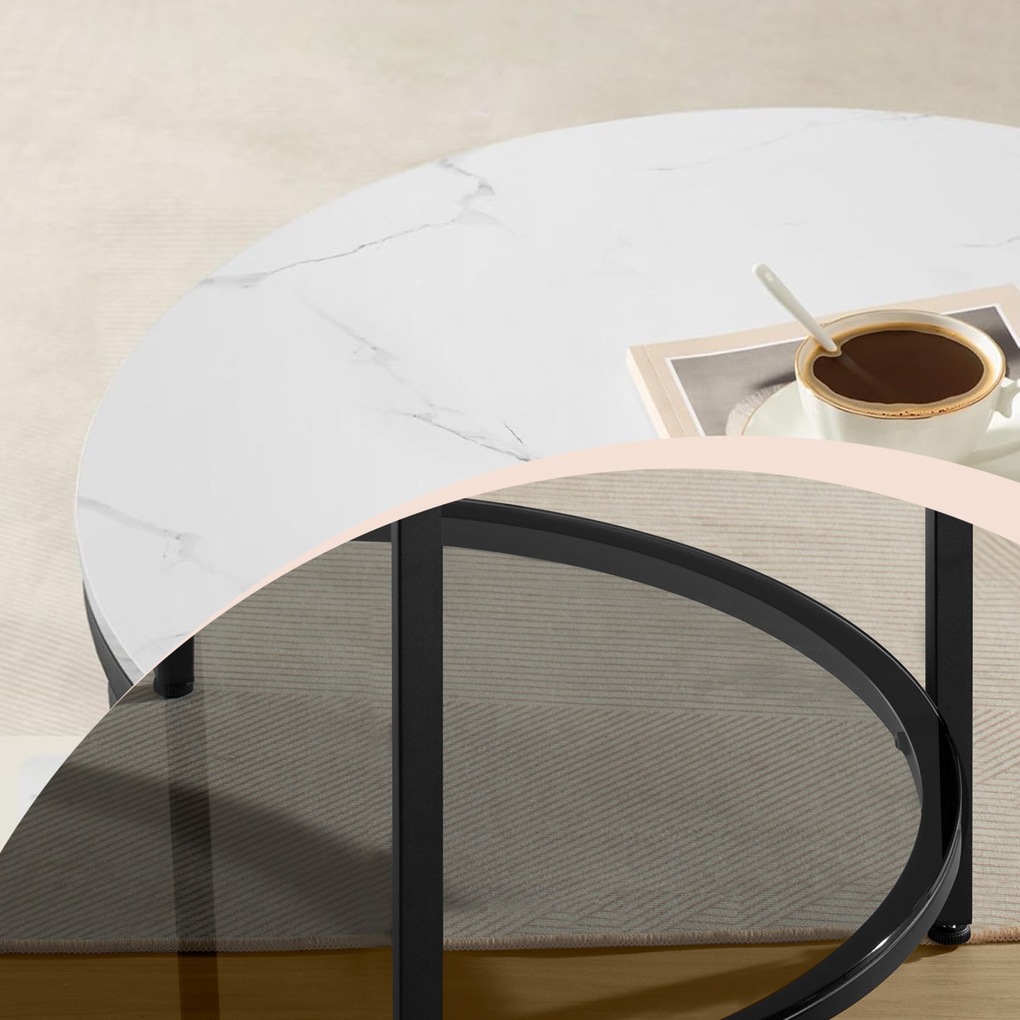 2-Tier Round Coffee Table - Faux Marble Top & Glass Shelf, Modern Living Room Table, 25.6", Marble White and Ink Black