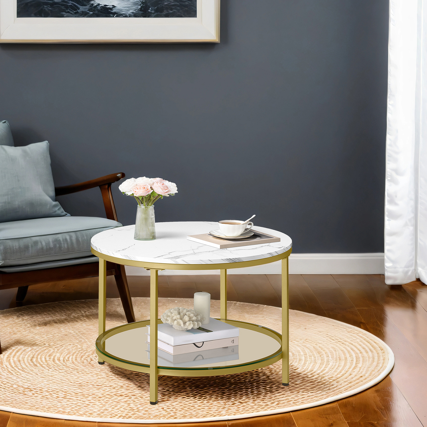 2-Tier Round Coffee Table with Faux Marble Top & Glass Shelf, Modern Small Center Table for Living Room, Marble White and Pale Gold