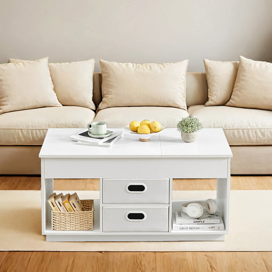 Lift Top Coffee Table - 2 Drawers & Hidden Storage, Dual-Direction Lift Mechanism, Modern Center Table, Snow White