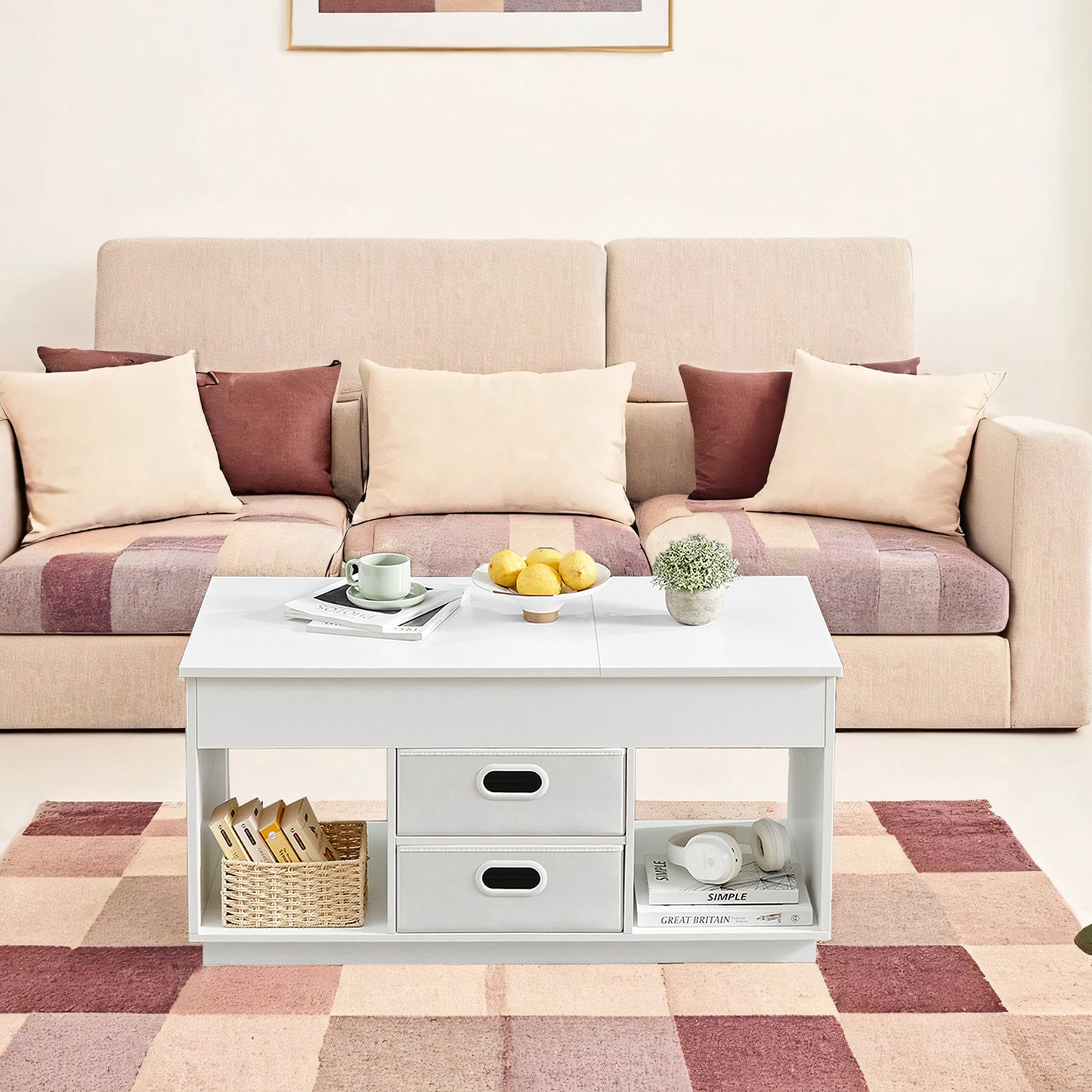 Lift Top Coffee Table - 2 Drawers & Hidden Storage, Dual-Direction Lift Mechanism, Modern Center Table, Snow White