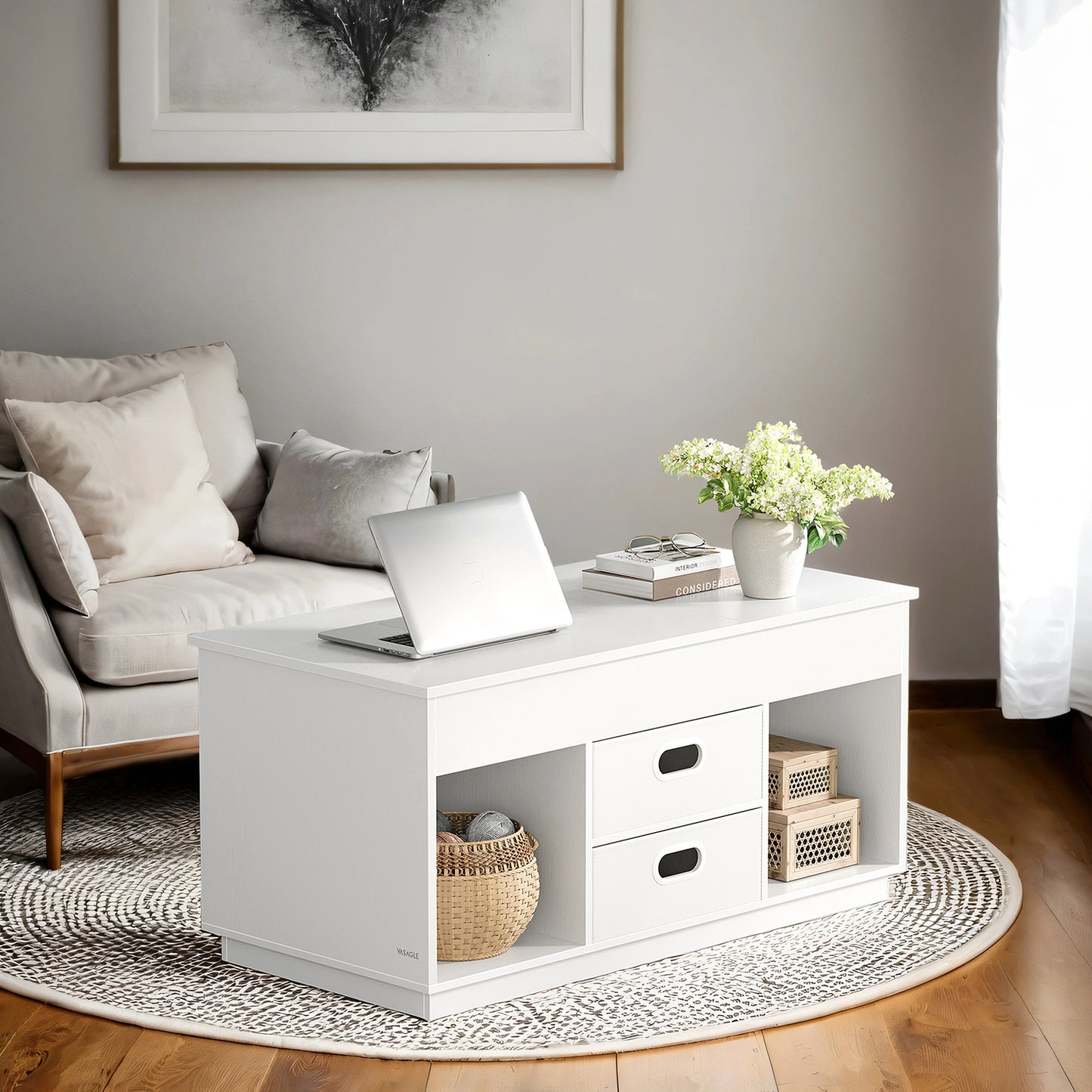 Lift Top Coffee Table - 2 Drawers & Hidden Storage, Dual-Direction Lift Mechanism, Modern Center Table, Snow White