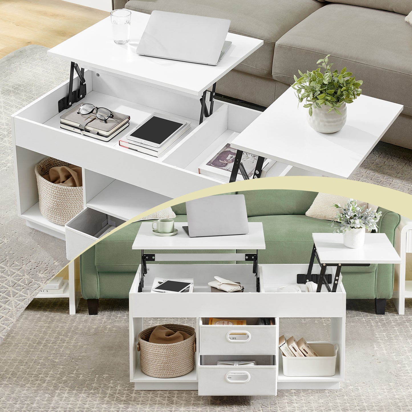 Lift Top Coffee Table - 2 Drawers & Hidden Storage, Dual-Direction Lift Mechanism, Modern Center Table, Snow White