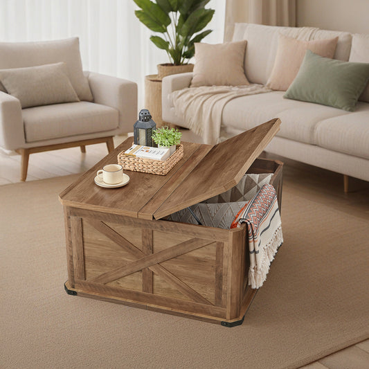 31.5" Farmhouse Coffee Table with Flip-Top Storage, Rustic Square Center Table for Living Room, Honey Brown