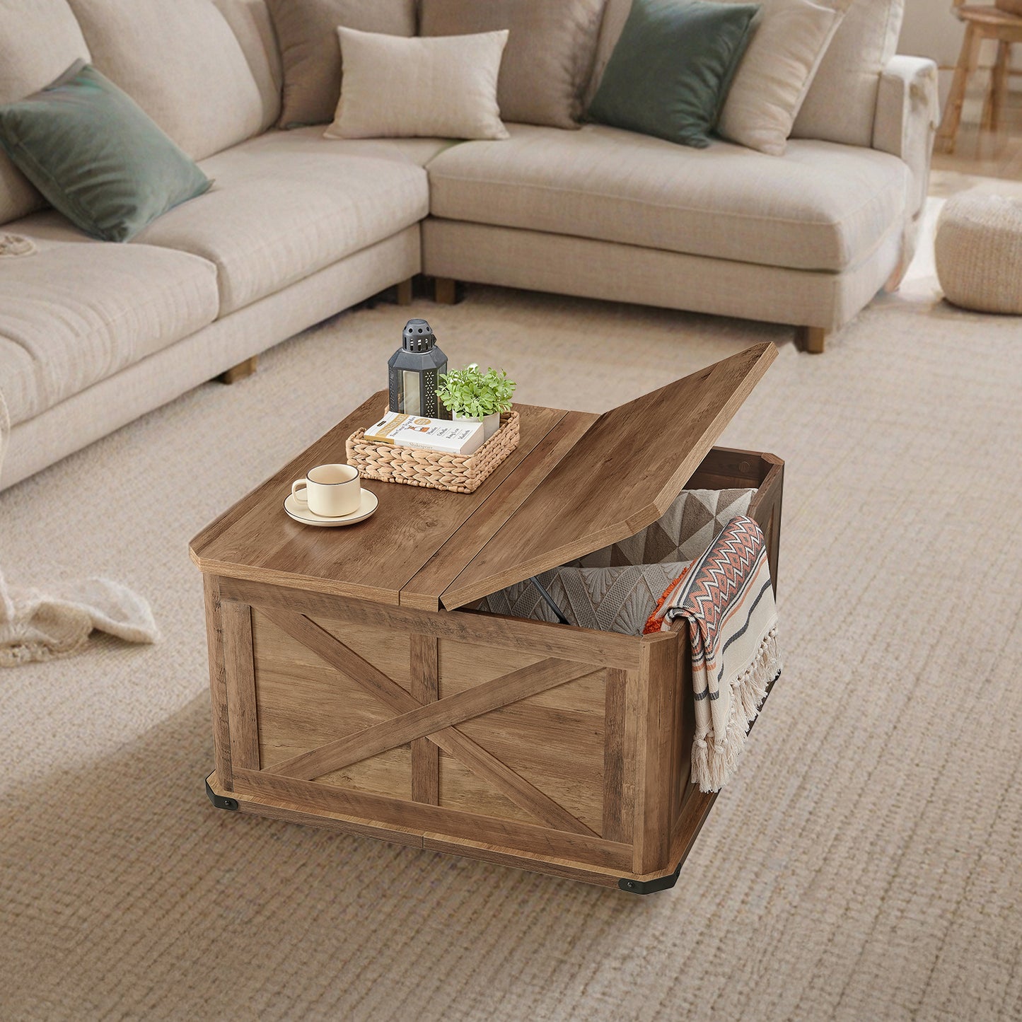 31.5" Farmhouse Coffee Table with Flip-Top Storage, Rustic Square Center Table for Living Room, Honey Brown