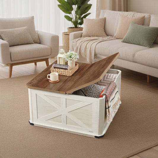 Farmhouse Square Coffee Table with Flip-Top Storage, 31.5" Rustic Center Table for Living Room, Honey Brown and White