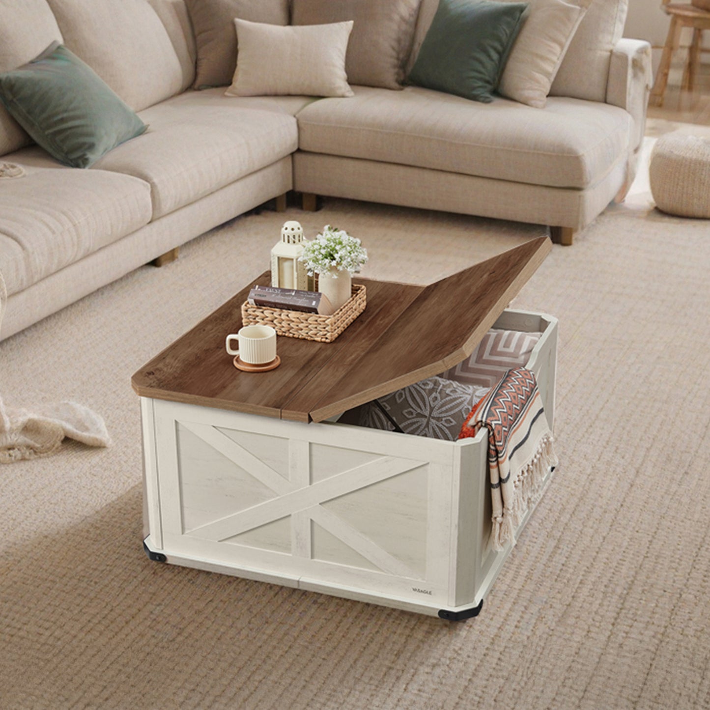 Farmhouse Square Coffee Table with Flip-Top Storage, 31.5" Rustic Center Table for Living Room, Honey Brown and White