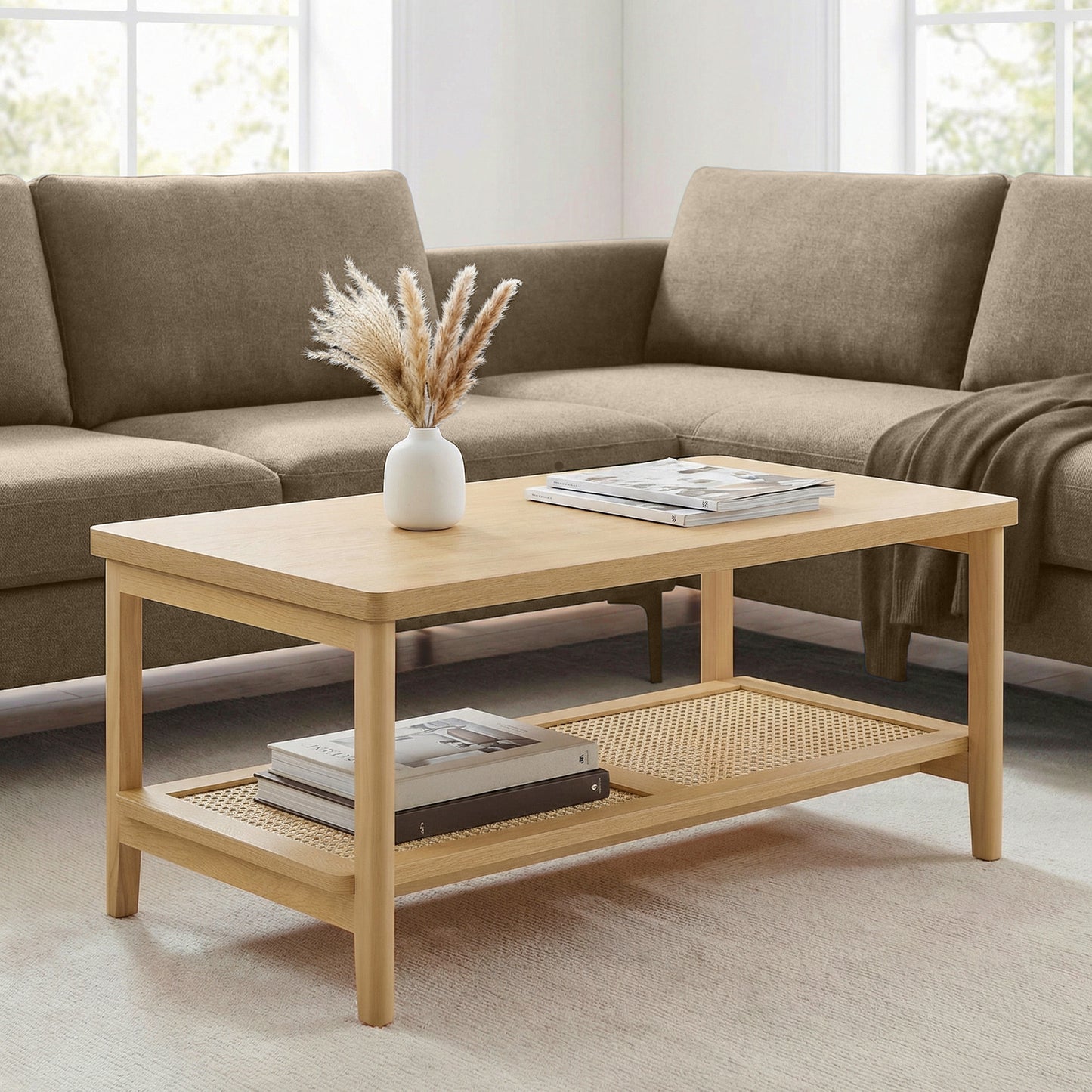 2-Tier Rectangular Coffee Table with Rattan Storage Shelf, Boho Style Living Room Table, Rounded Corners, 39.4" W, Oak Beige
