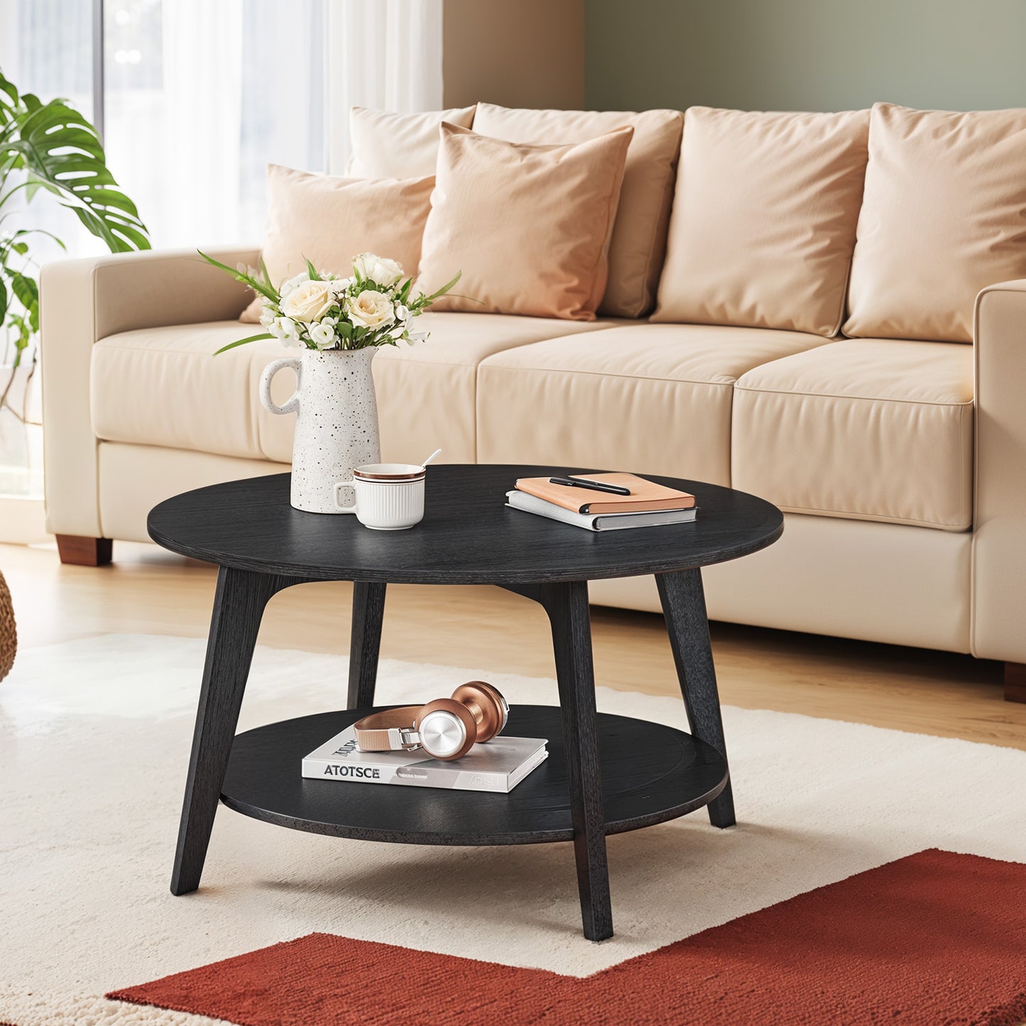 Round Coffee Table with Storage - 2-Tier Design, 66lb Capacity, Easy Assembly, Modern Minimalist Style, Charcoal Gray