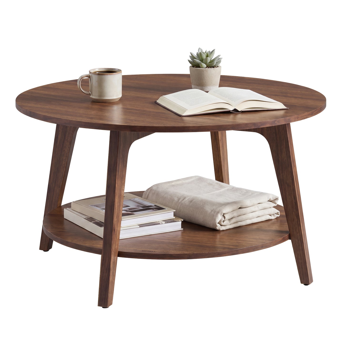 Round Coffee Table, 2-Tier Modern Center Table with Storage, 31.5 x 31.5 x 17.7 Inches, Chestnut Walnut