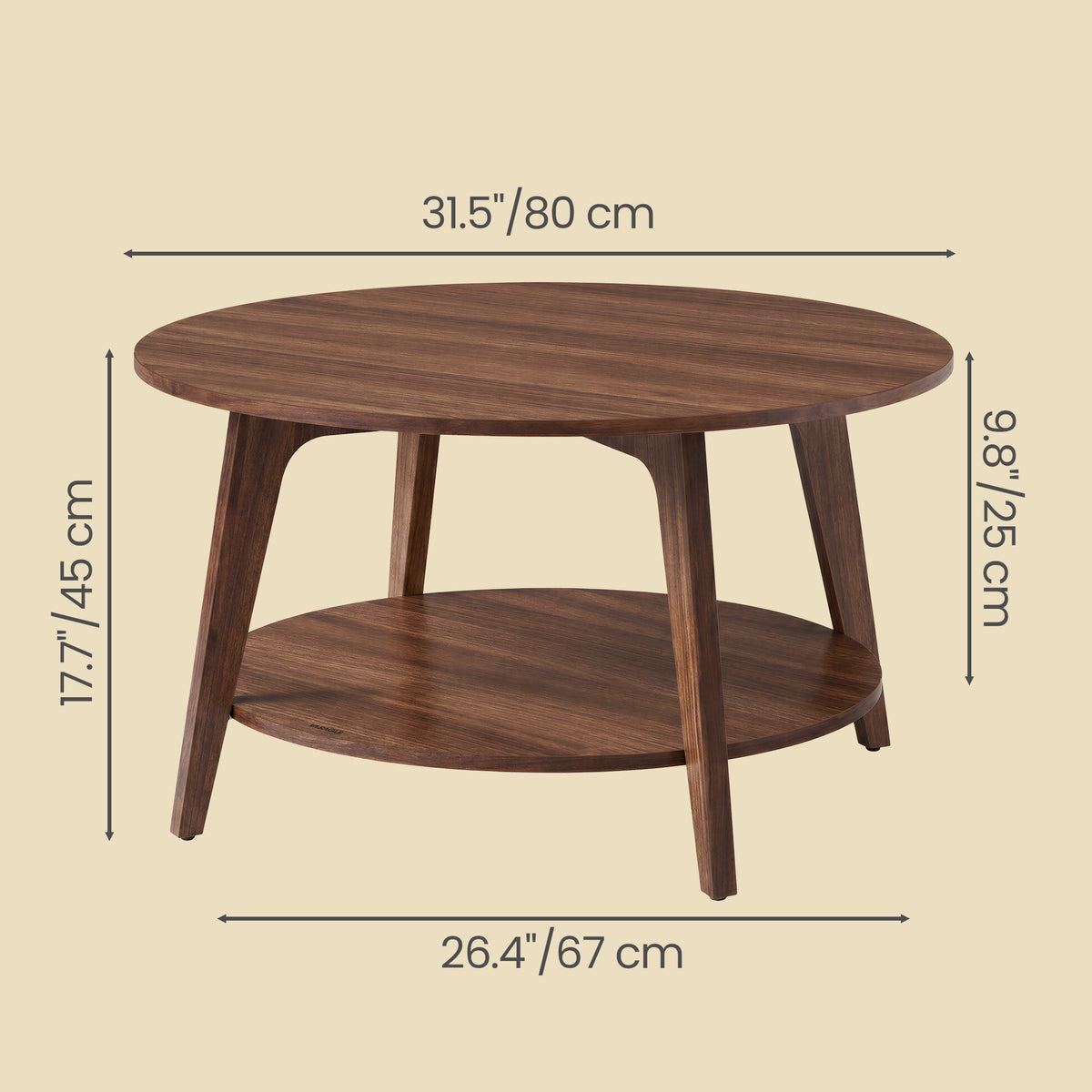 Round Coffee Table, 2-Tier Modern Center Table with Storage, 31.5 x 31.5 x 17.7 Inches, Chestnut Walnut