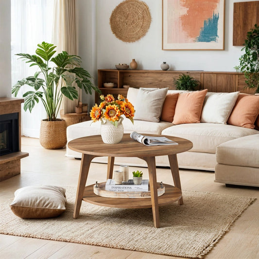 Round Coffee Table with Storage - 2-Tier Design, 66lb Capacity, Quick Assembly, Modern Minimalist Style, Honey Brown
