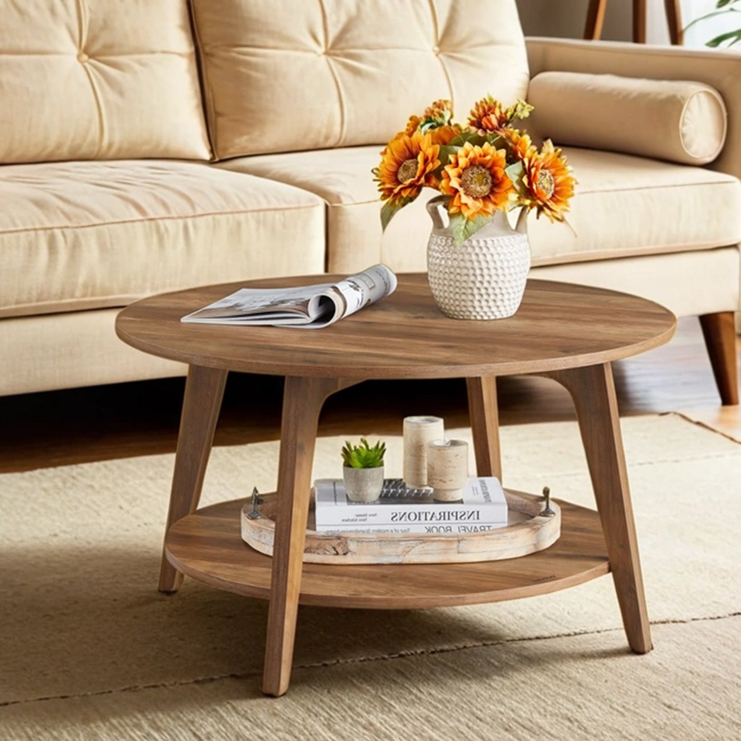 Round Coffee Table with Storage - 2-Tier Design, 66lb Capacity, Quick Assembly, Modern Minimalist Style, Honey Brown