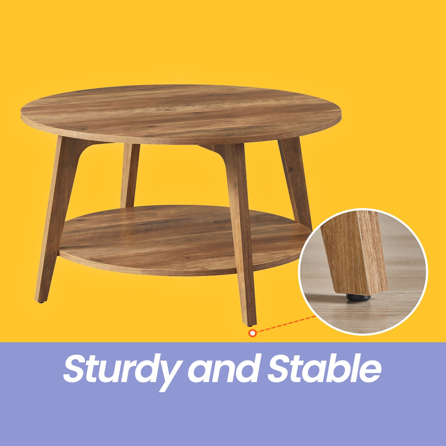 Round Coffee Table with Storage - 2-Tier Design, 66lb Capacity, Quick Assembly, Modern Minimalist Style, Honey Brown