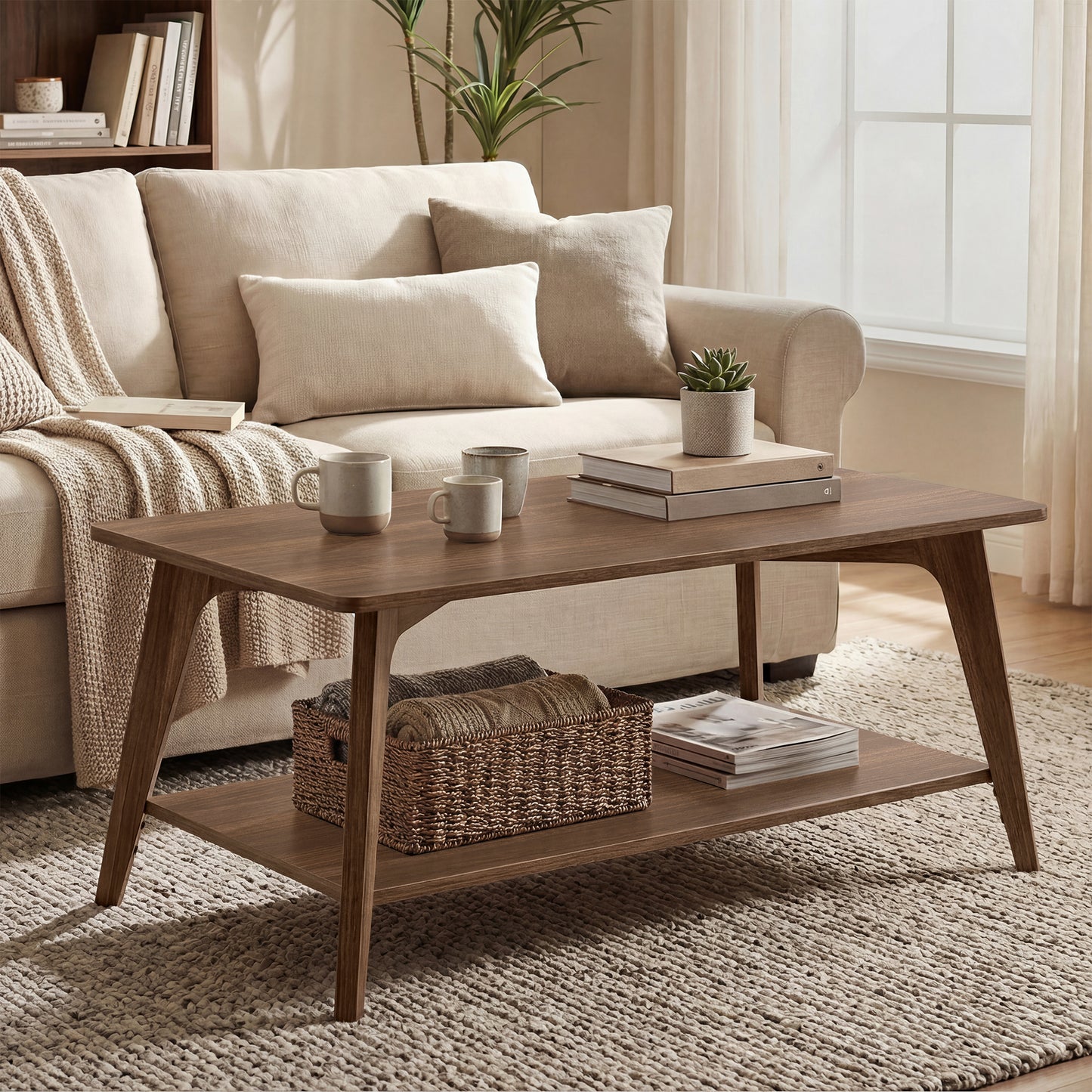 2-Tier Coffee Table, Mid-Century Center Table with Storage, Tapered Legs & Curved Transitions, for Living Room, 39.4" Wide, Chestnut Brown