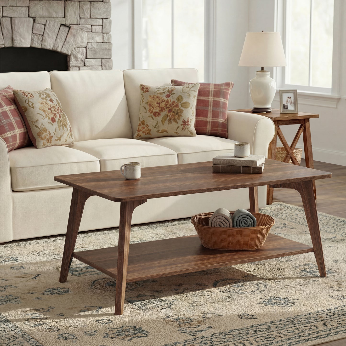 2-Tier Coffee Table, Mid-Century Center Table with Storage, Tapered Legs & Curved Transitions, for Living Room, 39.4" Wide, Chestnut Brown