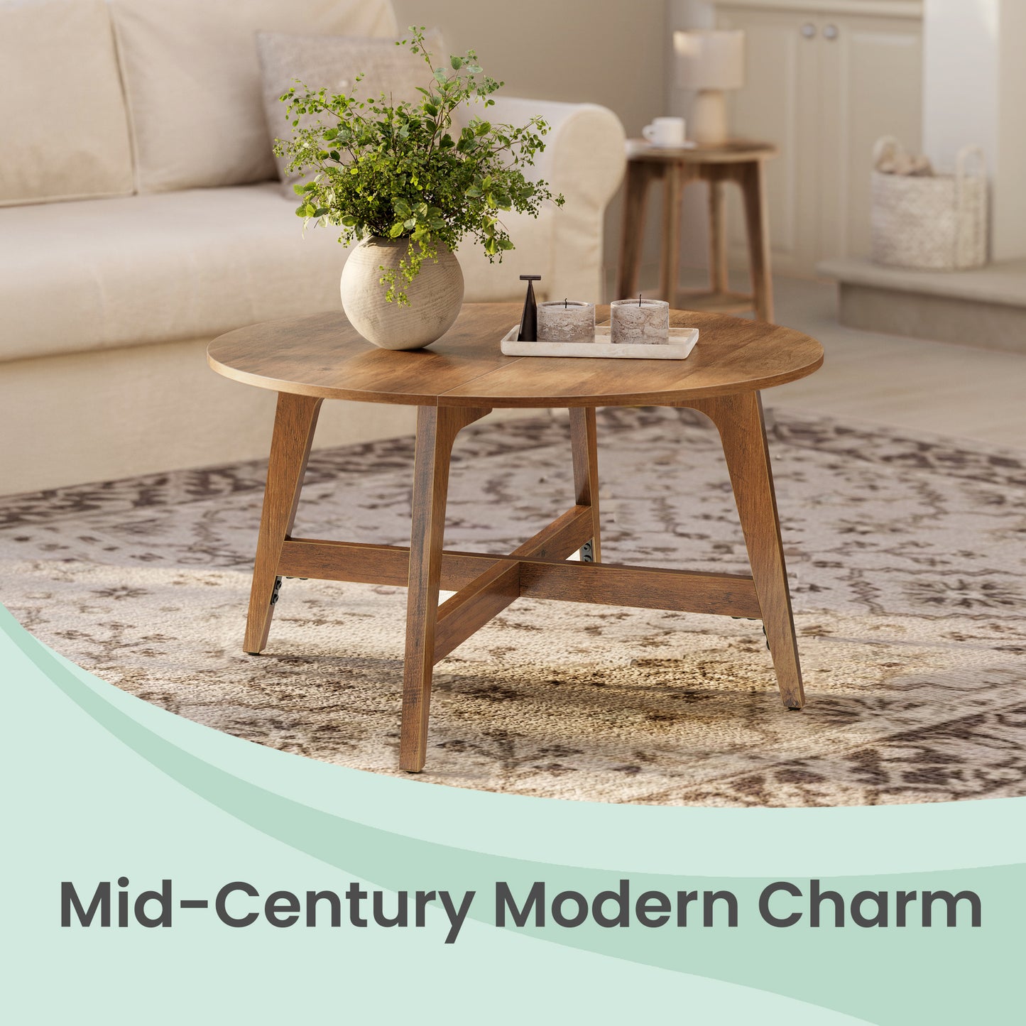 31.5 Inch Round Coffee Table, Mid-Century Modern Center Table with Tapered Legs for Living Room, Honey Brown