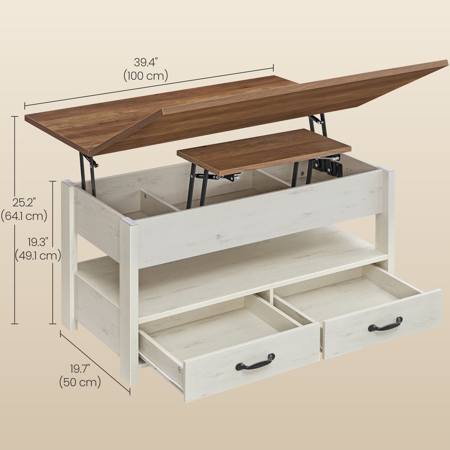 Lift Top Coffee Table with Storage, 3-in-1 Center Table with 2 Drawers and Gas Spring, for Living Room and Home Office, Honey Brown and Rustic White