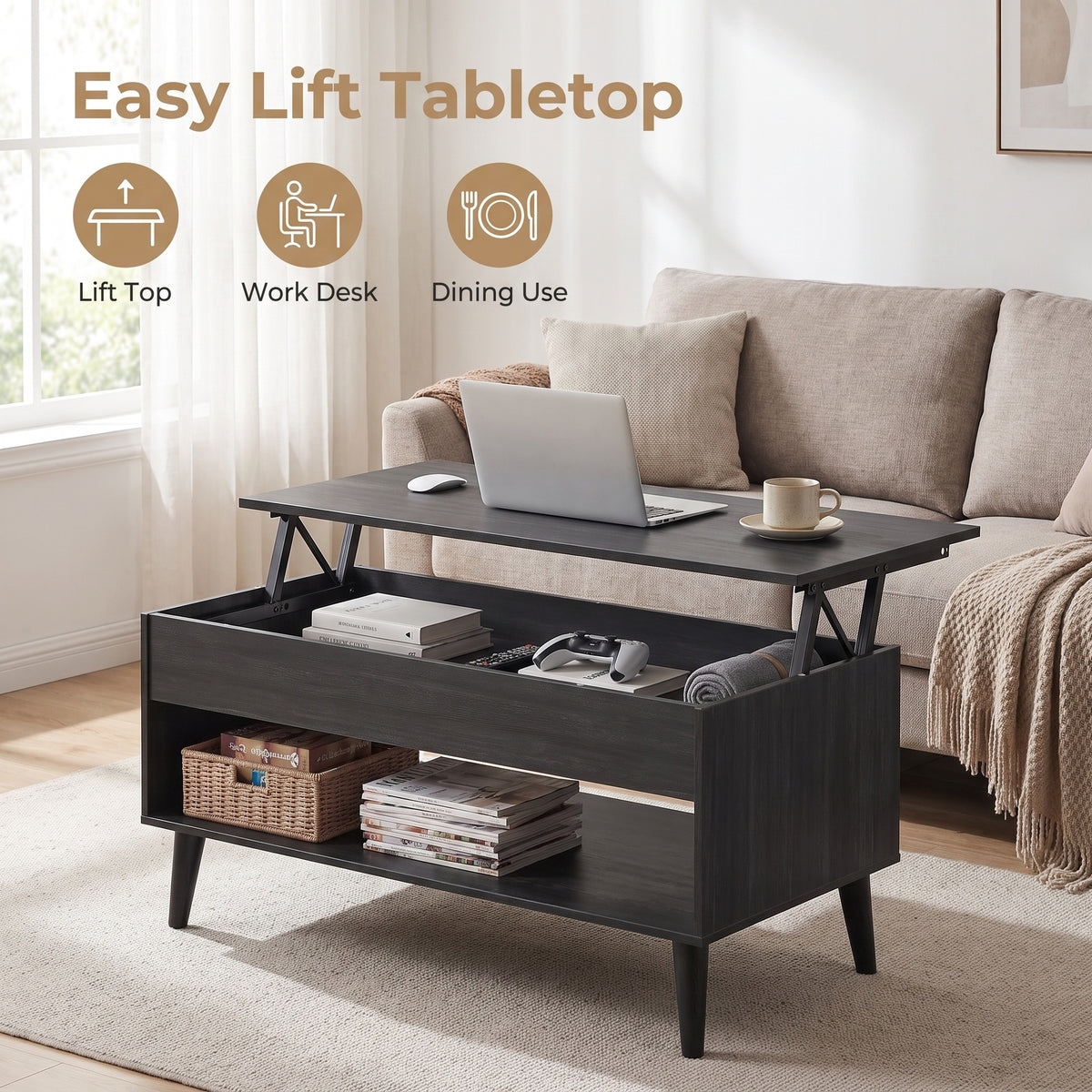Gas-Assisted Rising Coffee Table, Convertible Desktop for Dining or Work, Hidden Under-Top Storage & Lower Tier, Charcoal Gray