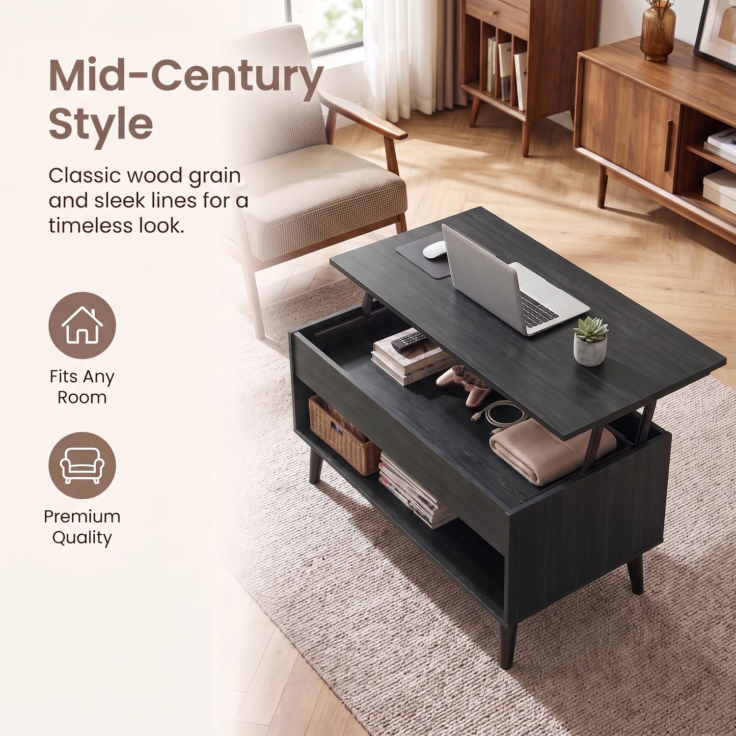 Gas-Assisted Rising Coffee Table, Convertible Desktop for Dining or Work, Hidden Under-Top Storage & Lower Tier, Charcoal Gray