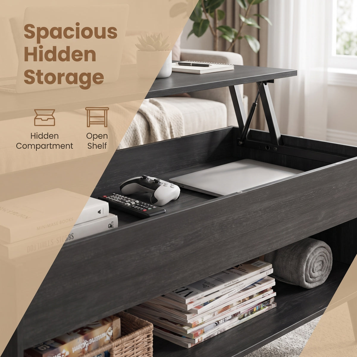 Gas-Assisted Rising Coffee Table, Convertible Desktop for Dining or Work, Hidden Under-Top Storage & Lower Tier, Charcoal Gray