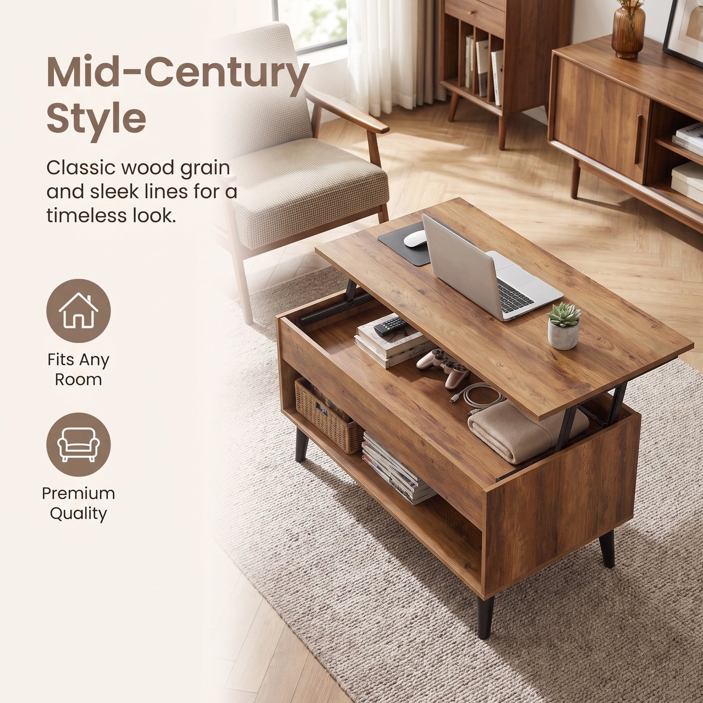 Rising Desktop Coffee Table, Gas Spring Lift Mechanism, Hidden Underseat Storage & Bottom Shelf, for Living Room Office, Honey Brown